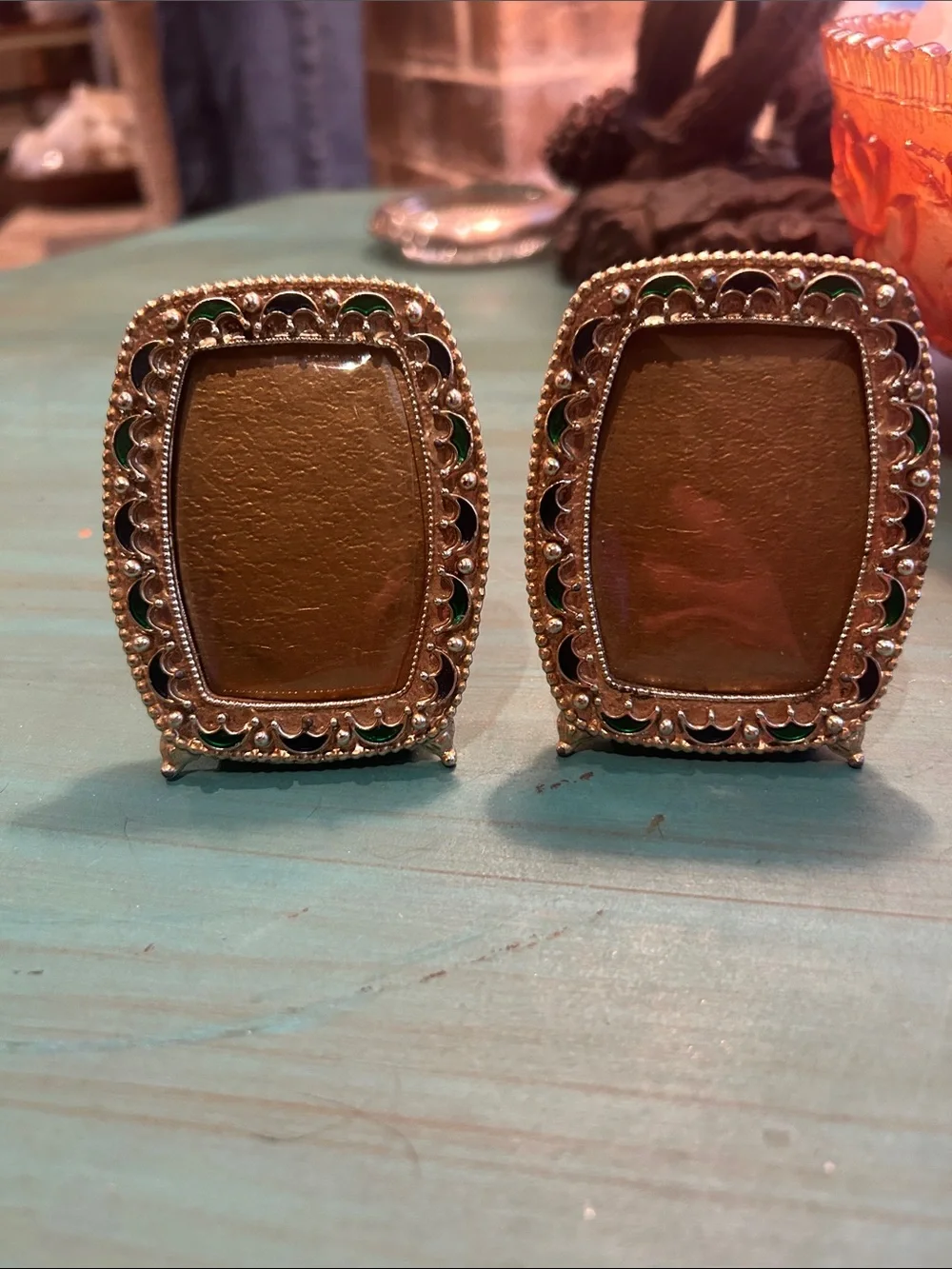 Vintage Ornate Gold Tone Mini Picture Frames with Green/Navy Enamel Accents